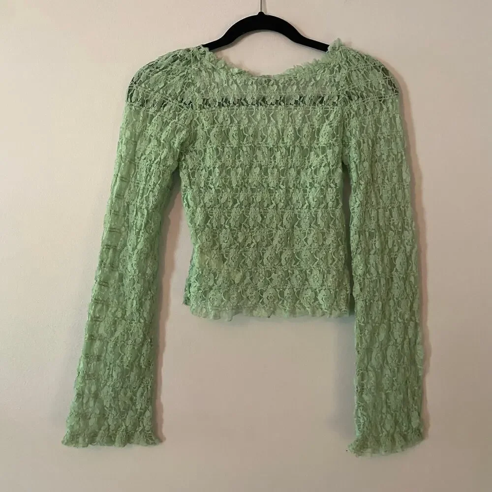 Free People Mint Green Lace Sheer Long Sleeve Cropped Bodice Top Women's size XS